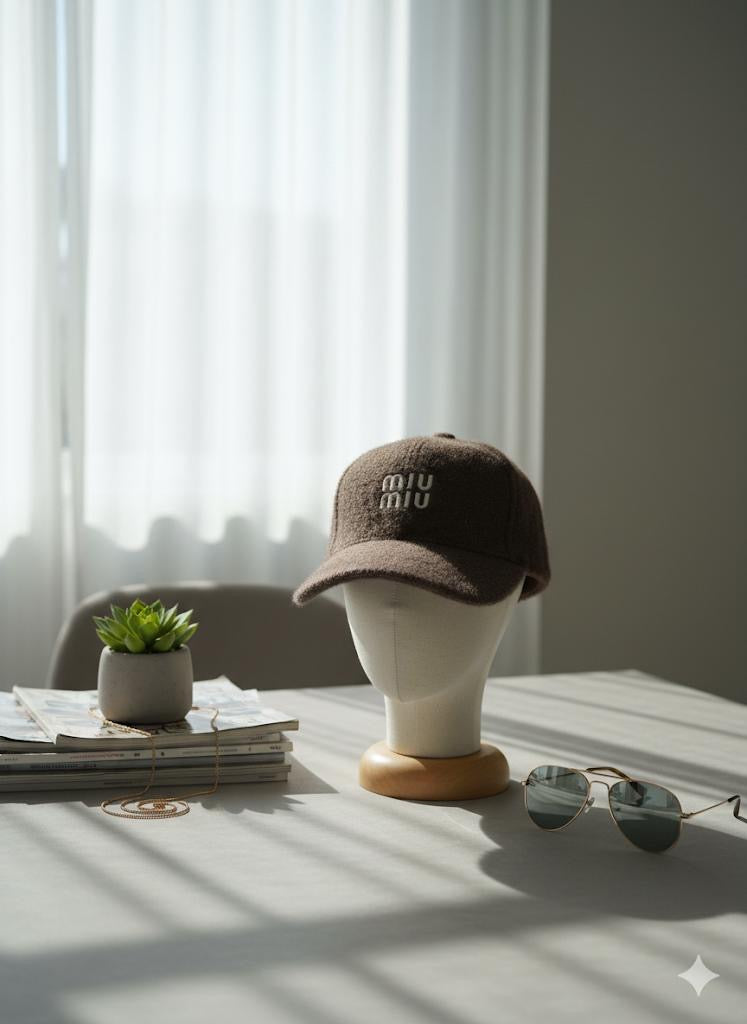 “MIU MIU” dark brown textured cap.