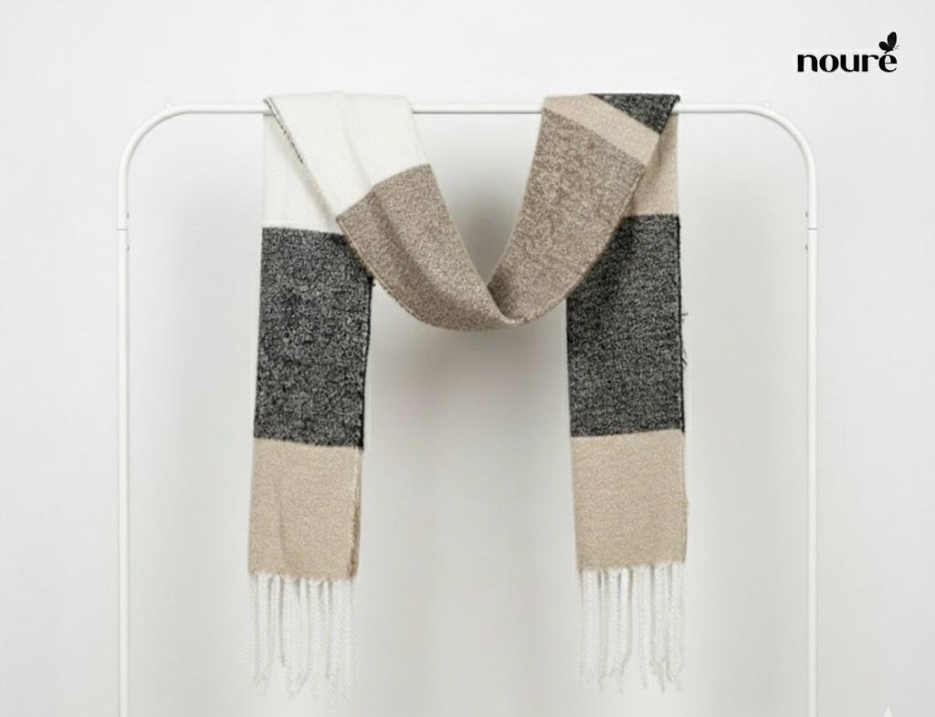 blocked scarf featuring broad stripes of white and light beige