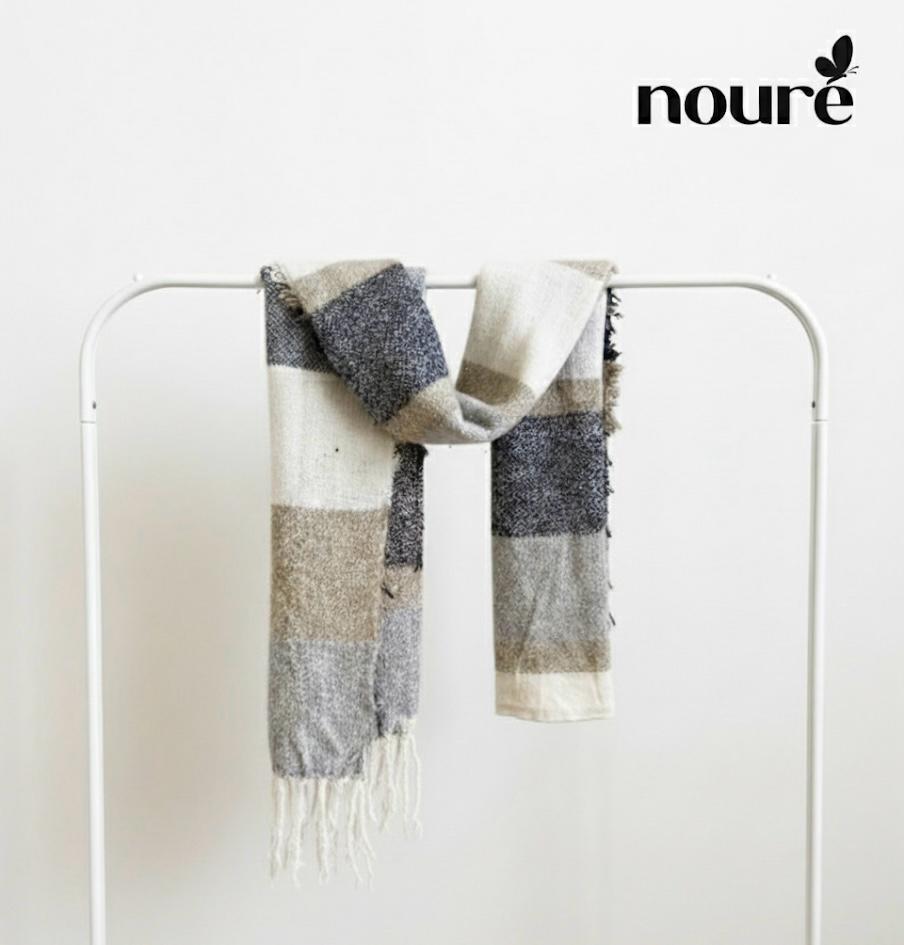 blocked scarf in off-white, beige, light gray, and speckled navy/charcoal stripes